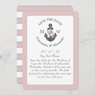 Invitation Ancre florale Marine bleu rose Mariage nautique In