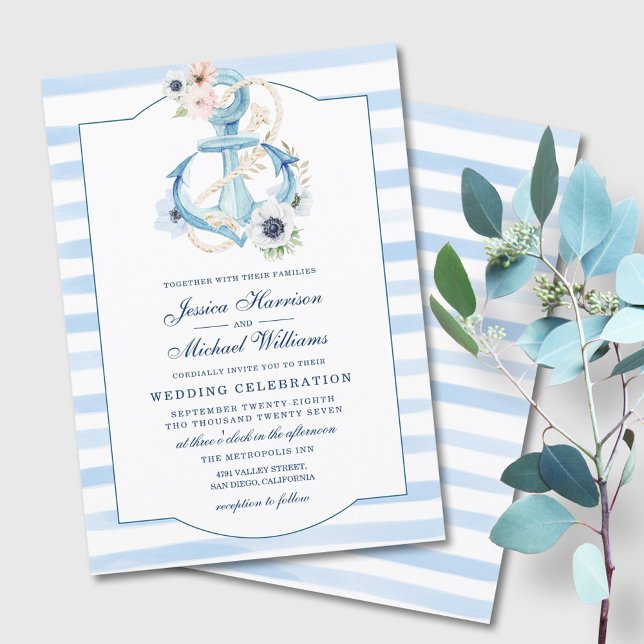 Invitation Ancre florale marine Mariage d'aquarelle (Créateur téléchargé)