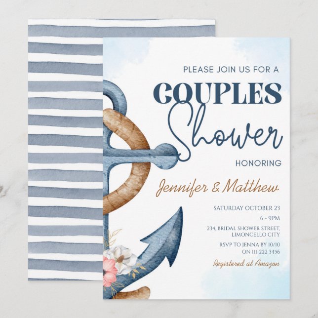 Invitation Ancre Florale Nautique pour Mariage et Fête de Cou (Devant / Derrière)