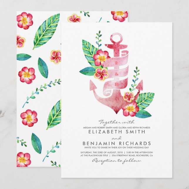 Invitation Ancre florale rose| Nautique| Mariage de plage (Devant / Derrière)