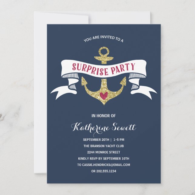 Invitation Ancre Glam | Nautical Surprise Anniversaire (Devant)