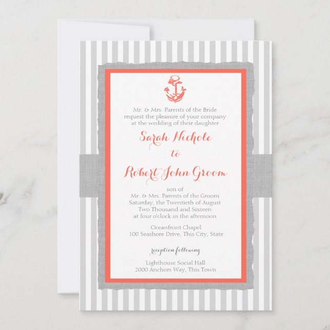 Invitation Ancre Gris Gris Gris Mariage corail (Devant)