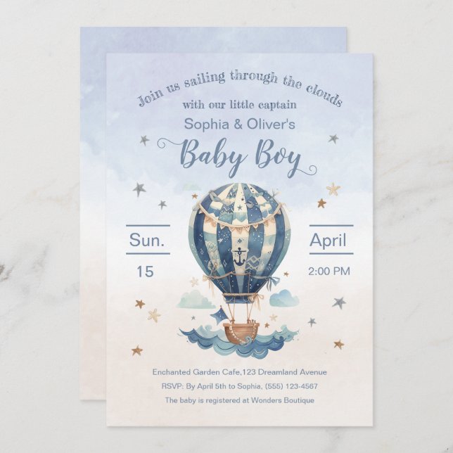 Invitation Ancre Hot Air Balloon Boy Baby shower aquarelle (Devant / Derrière)