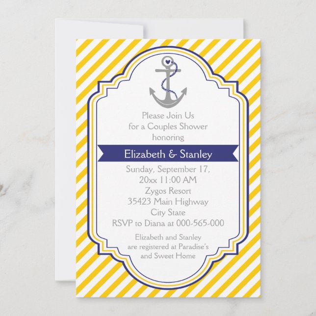 Invitation Ancre jaune mariage nautique couples douche (Devant)
