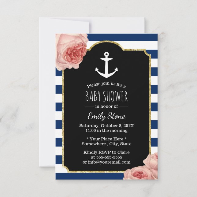Invitation Ancre marine Baby shower floral Vintage (Devant)