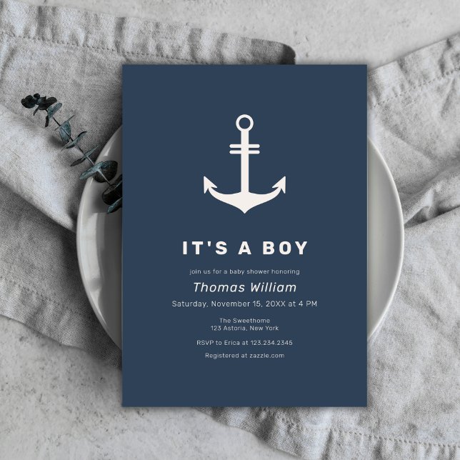Invitation Ancre marine Bleu Beige Simple Nautique Baby showe (Navy Blue Beige Simple Nautical Anchor Baby Shower Invitation)