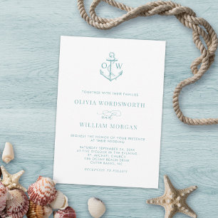 Invitation Ancre marine Bleu Monogramme Mariage