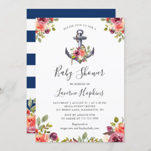 Invitation Ancre marine  florale Baby shower de la flotte