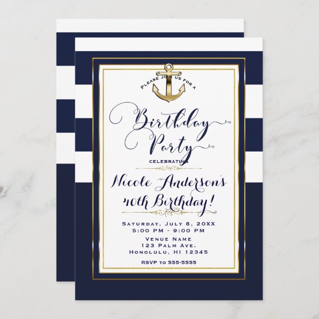 Invitation Ancre marine White & Gold Nautical Birthday Party (Devant / Derrière)