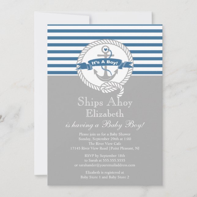 Invitation Ancre moderne Nautical Sailboat Baby shower Boy (Devant)