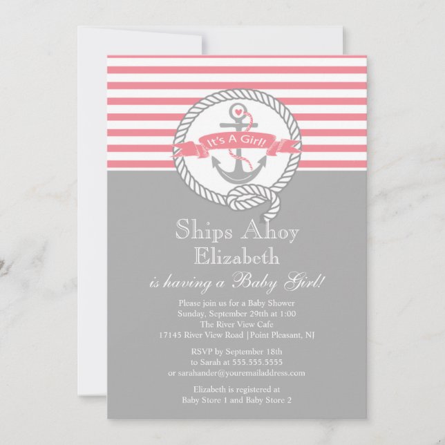 Invitation Ancre moderne Nautique Baby shower fille de voilie (Devant)