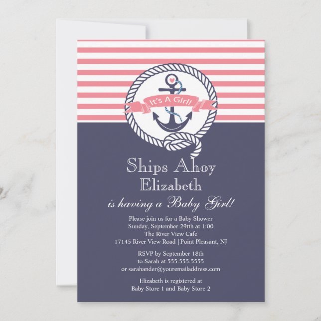 Invitation Ancre moderne Nautique Baby shower fille de voilie (Devant)