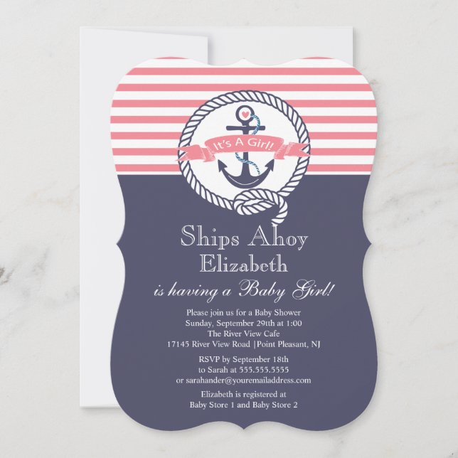 Invitation Ancre moderne Nautique Baby shower fille de voilie (Devant)