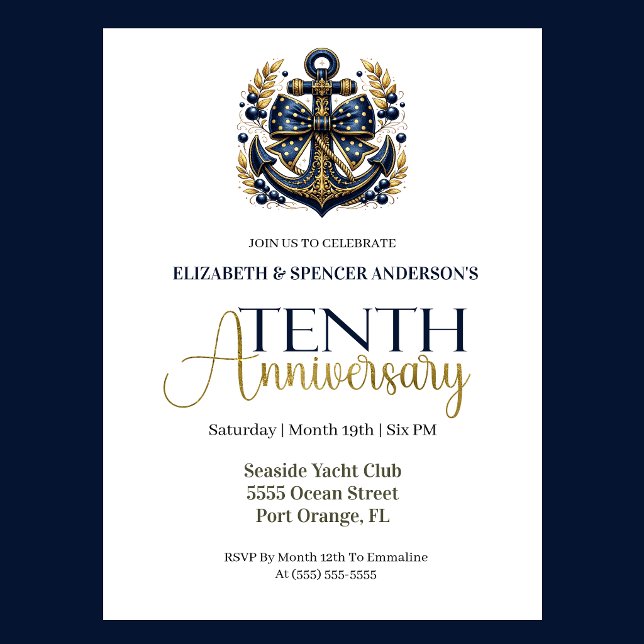 Invitation Ancre Naúticale Bleu Or 10e Anniversaire de Mariag (Navy blue and gold nautical anchor 10th wedding anniversary invitation with elegant coastal theme
)