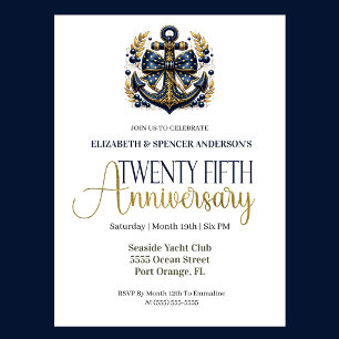 Invitation Ancre Naúticale Bleu Or 25e Anniversaire de Mariag