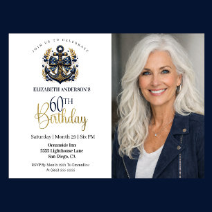 Invitation Ancre Naúticale Bleue et Or Photo 60ème Anniversai