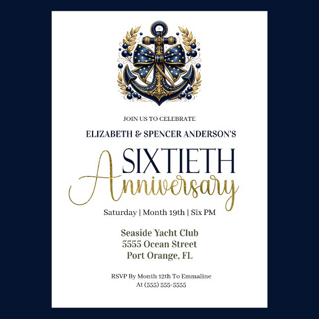Invitation Ancre Naútíque Bleu Or 60e Anniversaire de Mariage (Navy and gold nautical anchor 60th wedding invitation for girl seaside yacht club theme)