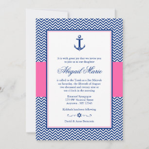 Invitation Ancre Nautique  bleu rose Bat mitzvah