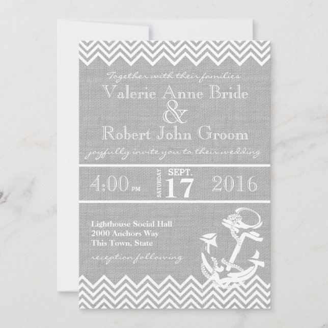 Invitation Ancre nautique Chevron Beach Mariage (Devant)