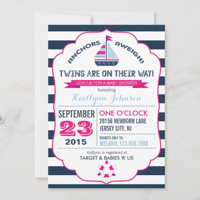 Invitation Ancre nautique et Baby shower en bande (Devant)