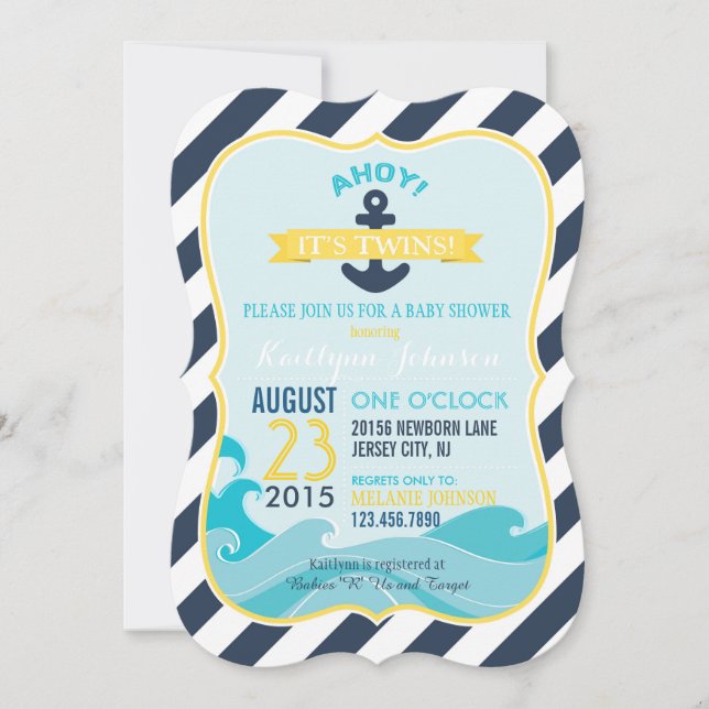 Invitation Ancre nautique et Baby shower en bande (Devant)