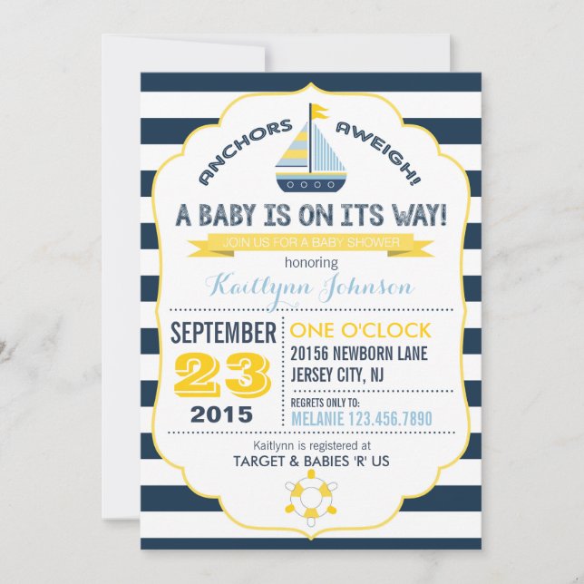 Invitation Ancre nautique et Baby shower en bande (Devant)