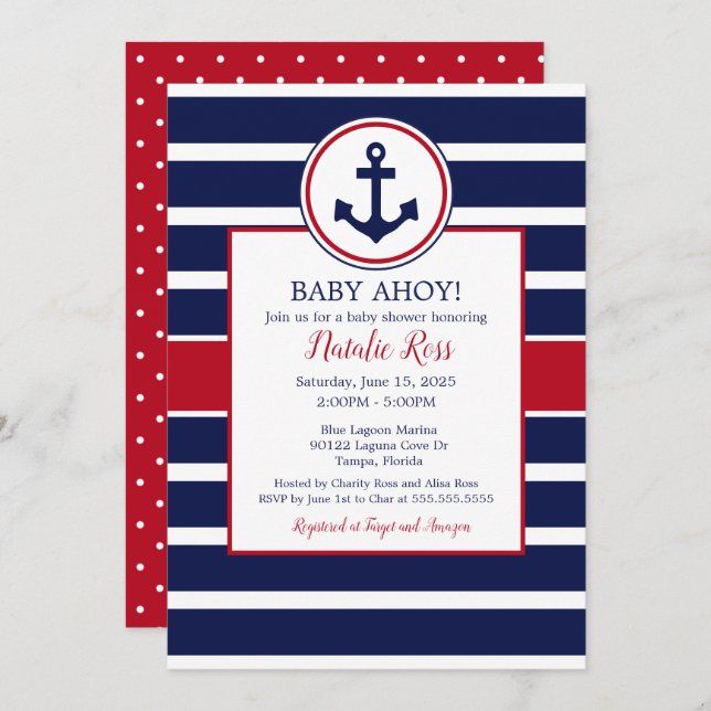 Invitation Ancre nautique été Ahoy! Baby shower garçon (Devant / Derrière)