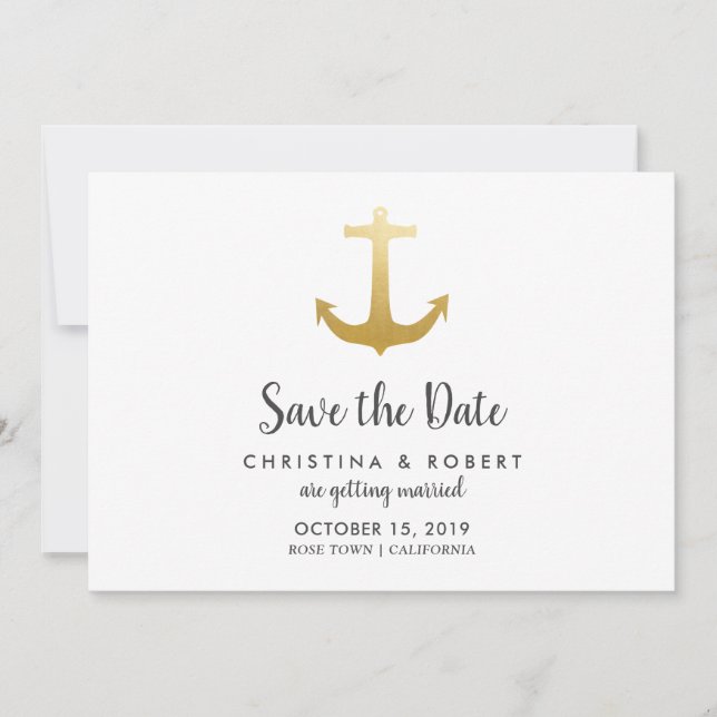 Invitation Ancre Nautique Faux Feuille D'or | Save The Date (Devant)