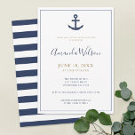 Invitation Ancre nautique Fête des mariées Blue White Gold<br><div class="desc">Ce modèle simple d'élégance nautique à thème nuptiale carte d'invitation dispose d'une ancre et de vos détails avec une bordure bleu marine. Nous avons défini l'arrière - plan comme transparent, de sorte que la couleur du papier servira simplement de couleur de base. Mais vous pouvez choisir une couleur si vous...</div>