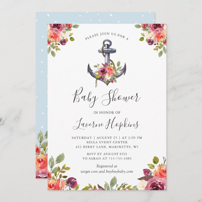 Invitation Ancre nautique Floral Boy Baby shower (Devant / Derrière)
