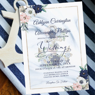 Invitation Ancre nautique Floral Elegant Marine Bleu