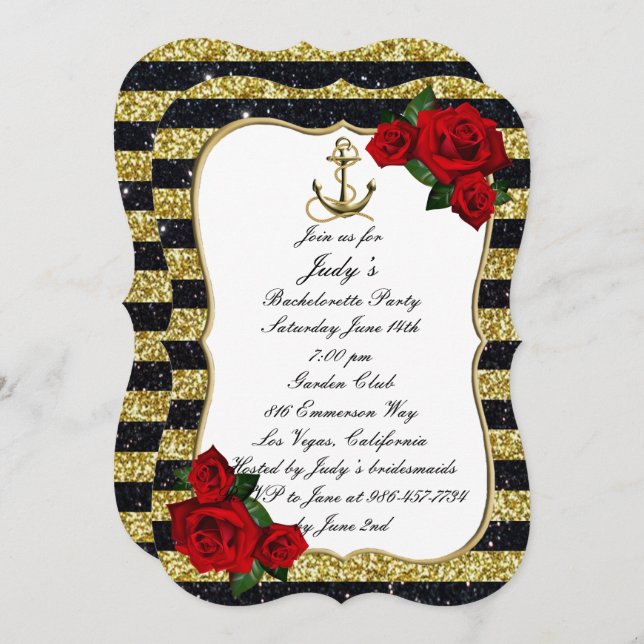 Invitation Ancre nautique Gold Black Stripes Bachelorette (Devant / Derrière)
