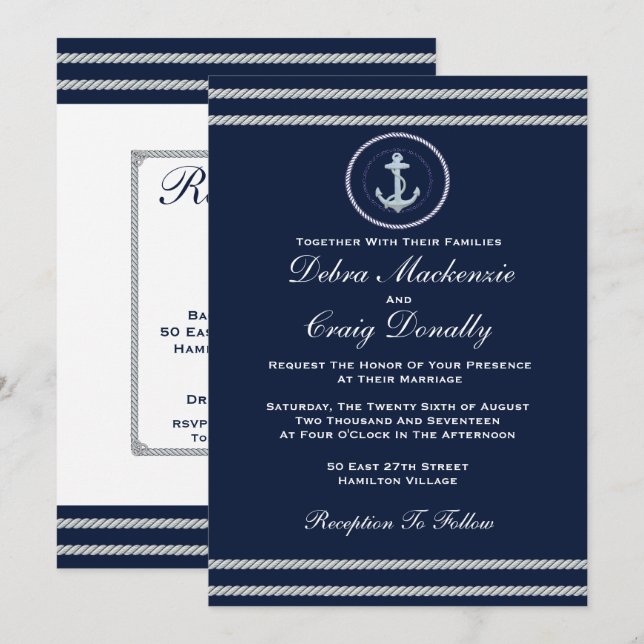 Invitation Ancre nautique, Mariage de marine (Devant / Derrière)