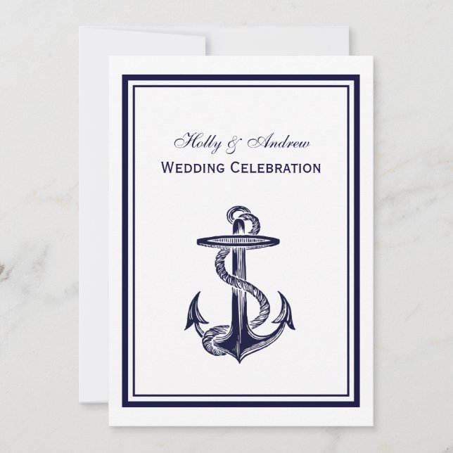 Invitation Ancre nautique Marine bleu encadré 2V Mariage (Devant)