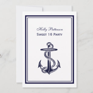 Invitation Ancre nautique Marine Bleu encadré 2V Sweet 16
