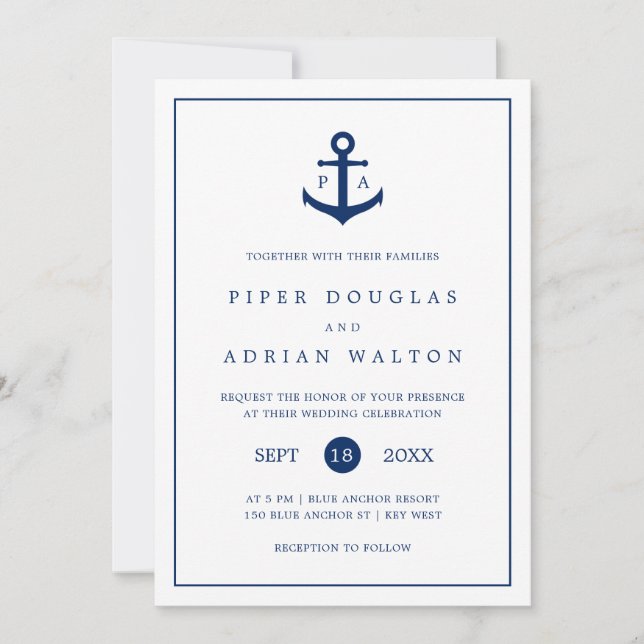 Invitation Ancre nautique Marine Blue Monogram Mariage (Devant)