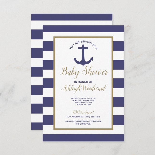 Invitation Ancre nautique Marine Blue Stripes Baby shower gar (Devant / Derrière)