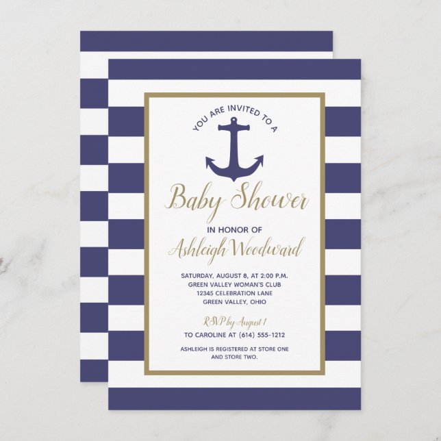 Invitation Ancre nautique Marine Blue Stripes Baby shower gar (Devant / Derrière)