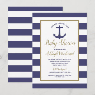 Invitation Ancre nautique Marine Blue Stripes Baby shower gar