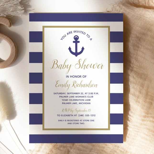 Invitation Ancre nautique Marine Blue Stripes Baby shower gar (Créateur téléchargé)