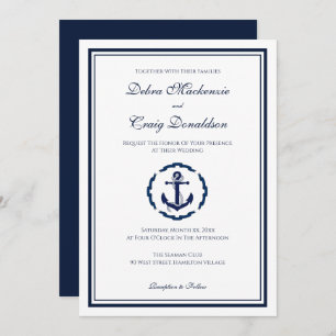Invitation Ancre nautique, marine et Mariage blanc