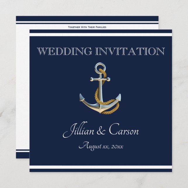 Invitation Ancre nautique - Marine et Mariage blanc (Devant / Derrière)