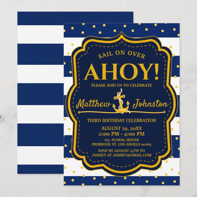 Invitation Ancre nautique Marine & Gold Stripe Baby Anniversa (Devant / Derrière)