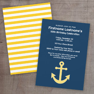 Invitation Ancre nautique Marine Jaune fête d'anniversaire