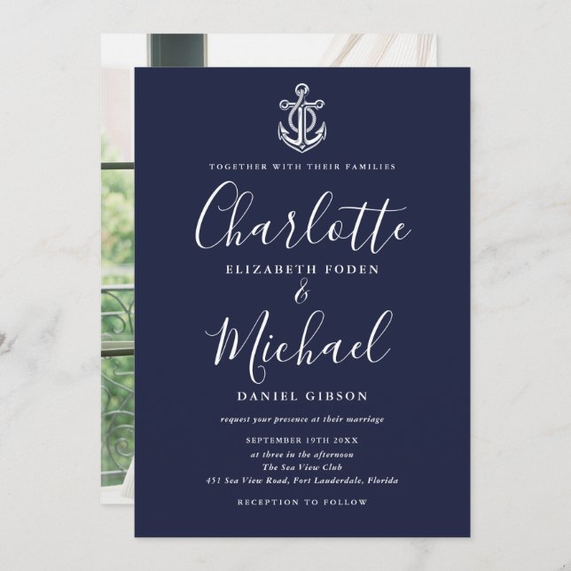 Invitation Ancre nautique Marine Script bleu Mariage photo (Devant / Derrière)
