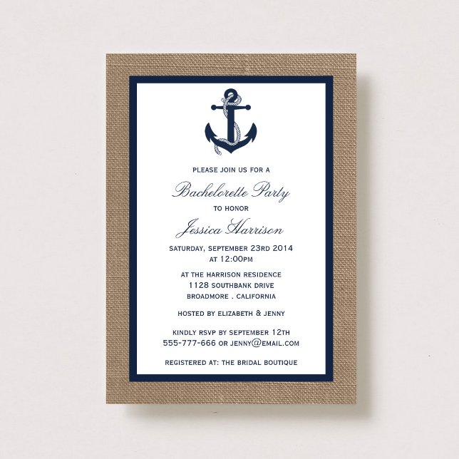 Invitation Ancre Nautique Marine Sur Burlap Bachelorette Part (Créateur téléchargé)