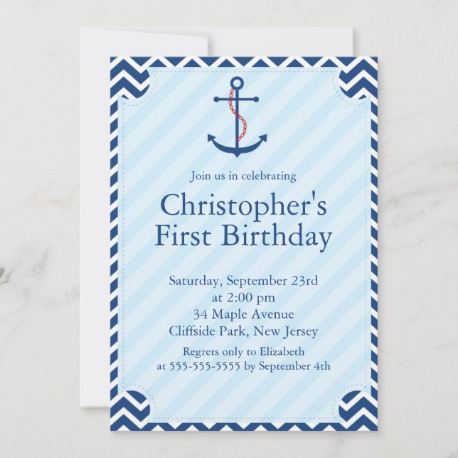 Invitation Ancre nautique moderne fête d'anniversaire (Devant)