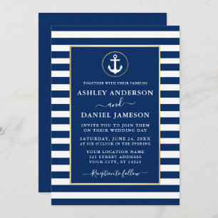 Invitation Ancre nautique moderne Gold Blue Stripes Mariage