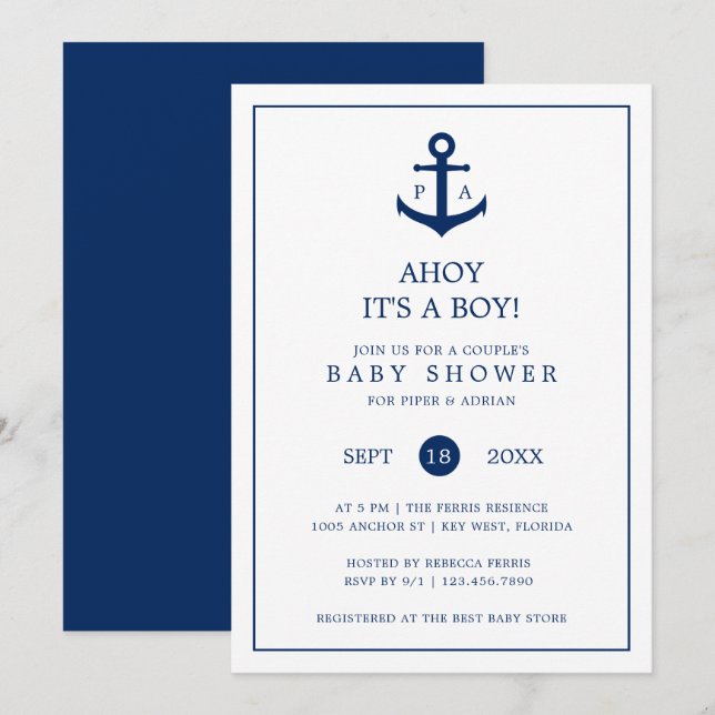 Invitation Ancre nautique Monogramme Baby shower des couples  (Devant / Derrière)