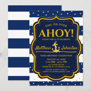 Invitation Ancre nautique Nautical Navy&Gold Stripe Baby Birt